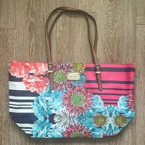 Nine West floral & stripes faux leather multi color tote bag